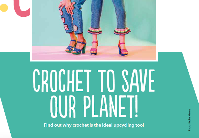 Crochet to save our planet. Image of people wearing denim trimmed with colourful crochet.