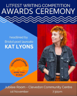 CompAwards showing KatLyon, bristol poet 2024, on orange and blue background